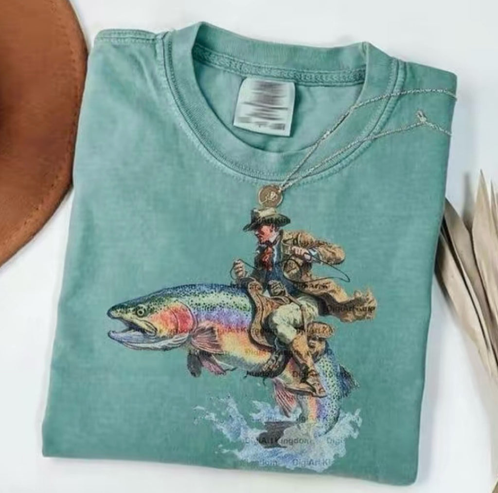 VIntage Cowboy Riding Trout Western Fishing T-Shirt/Sweatshirt/Hoodie