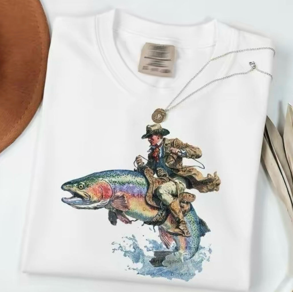 VIntage Cowboy Riding Trout Western Fishing T-Shirt/Sweatshirt/Hoodie
